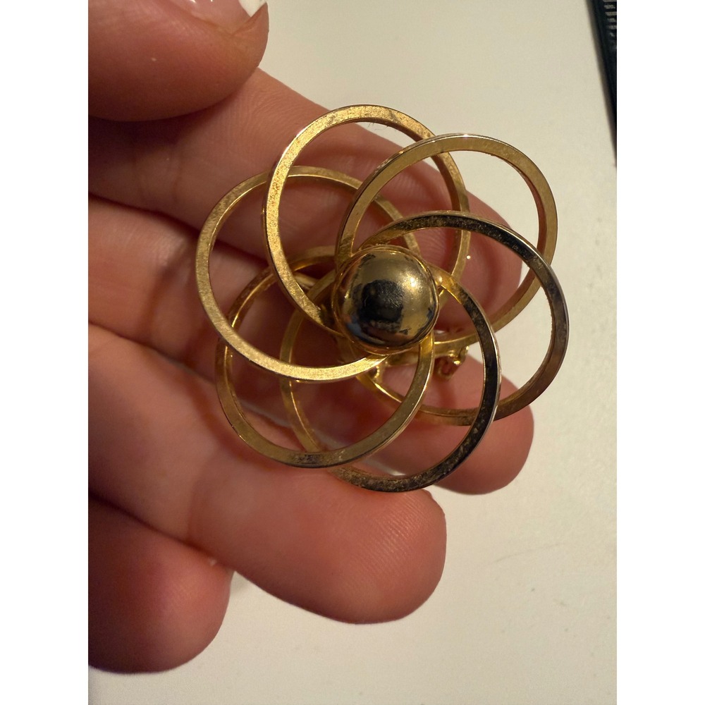Gold Tone Orbital Interlocking Rings Dome Brooch Pin Geometric Statement